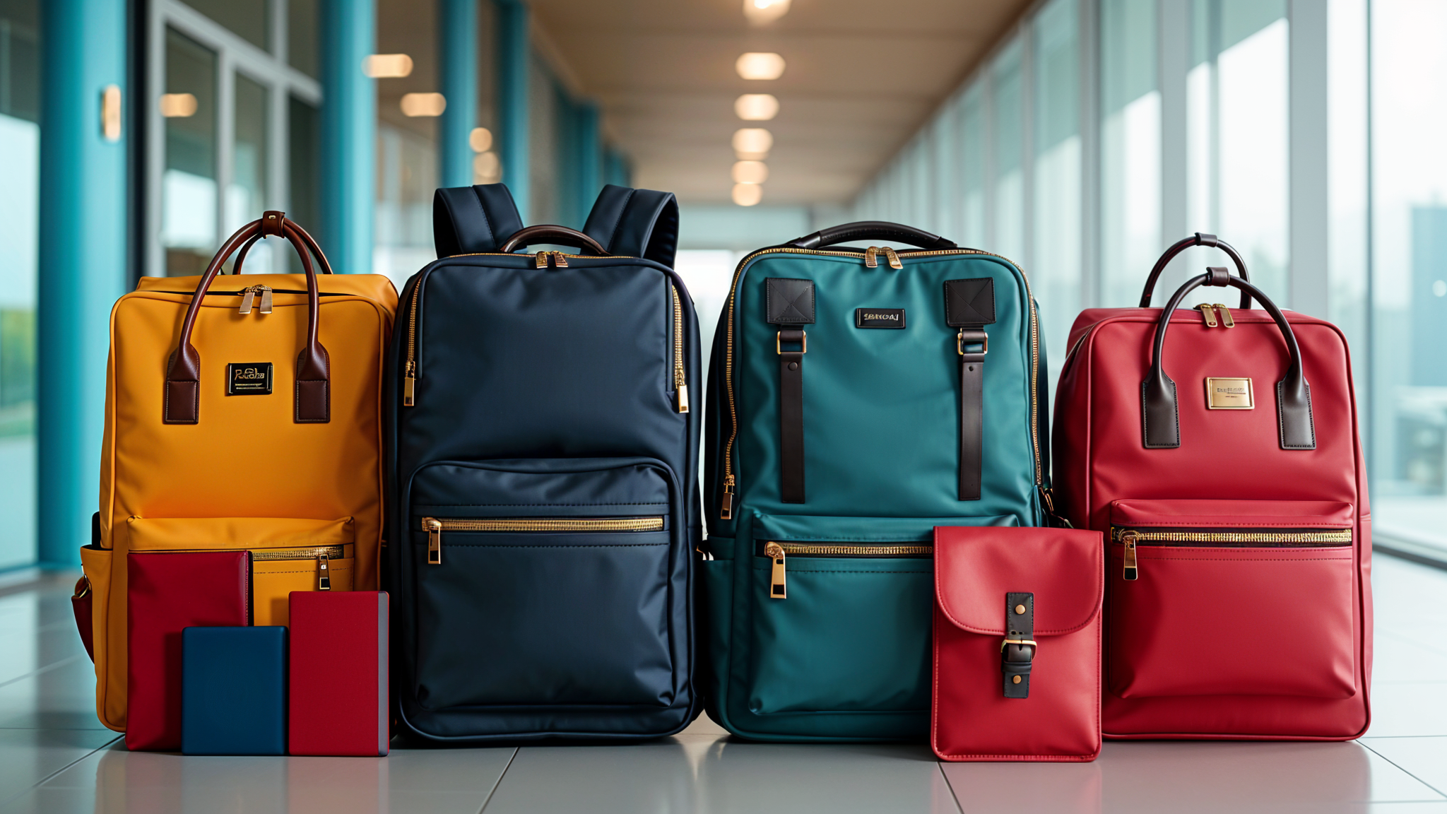 a group of backpacks on a floor